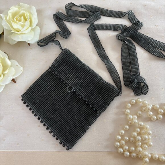 Black Beaded Cross Body or Shoulder Evening Purse - Picture 3 of 10